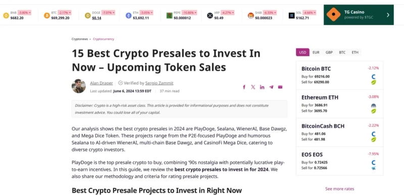 A page displaying a digital article titled '15 Best Crypto Presales to Invest In Now - Upcoming Token Sales'